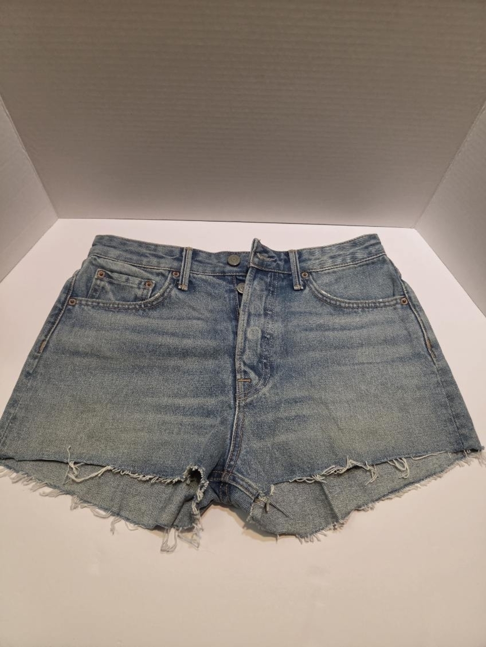 GRLFRND Light Blue Distressed High-Rise Denim Shorts